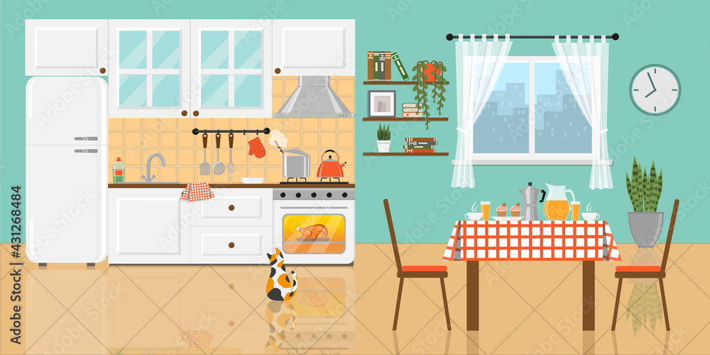 Cozy kitchen with white furniture, refrigerator, food on gas stove and inside the oven, window, table with breakfast and cat. Kitchen interior with glazy floor. Flat vector illustration. Cozy kitchen with white furniture, refrigerator, food on gas stove and inside the oven, window, table with breakfast and cat. Kitchen interior with glazy floor. Flat vector illustration.