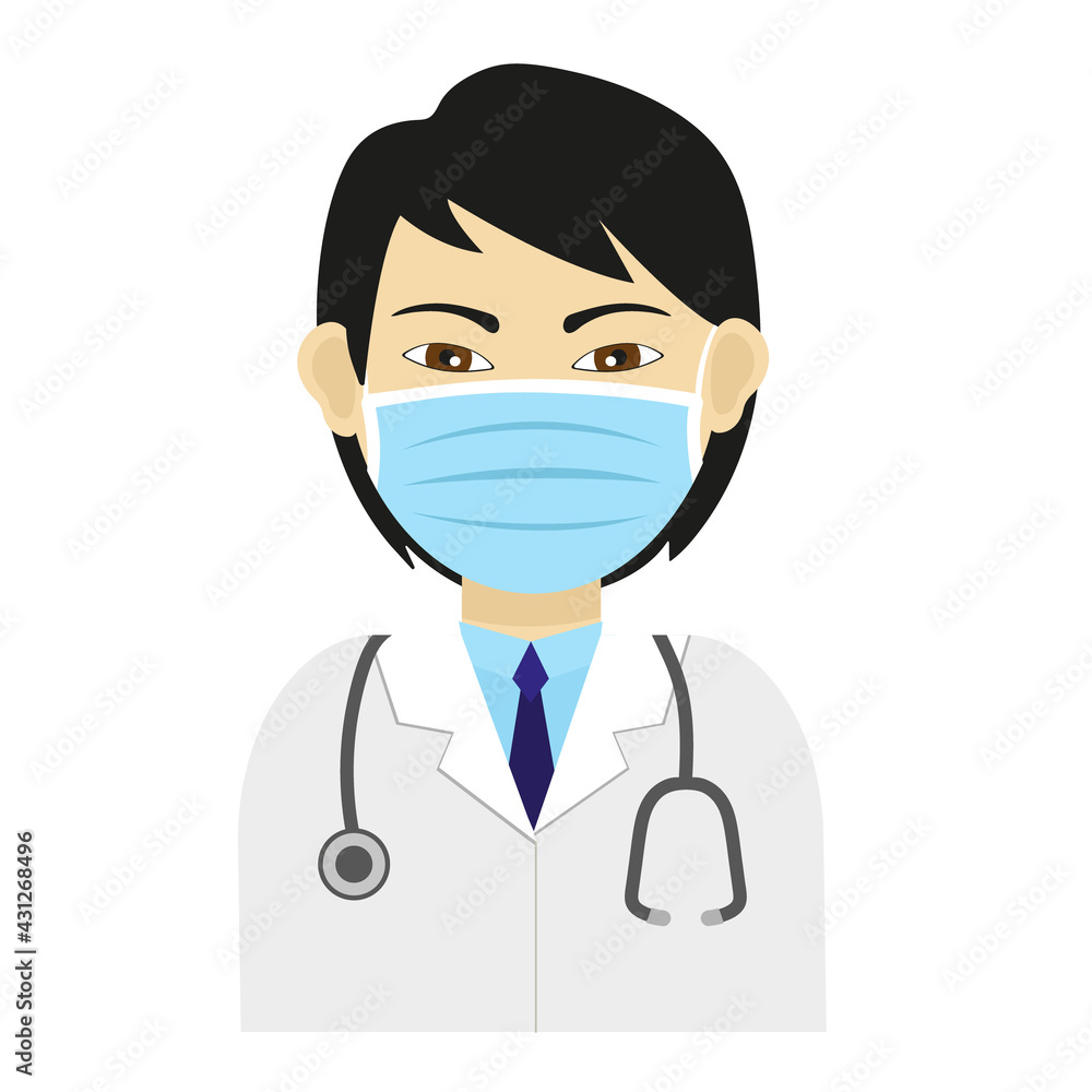 Doctor with white surgical overalls, blue face mask and stethoscope. Physician portrait. Flat vector illustration.