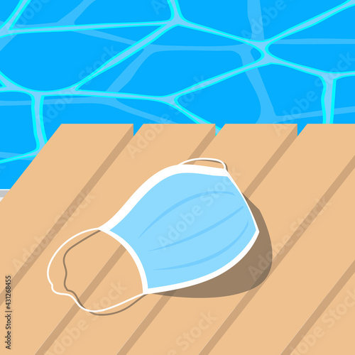 Face mask on chaise long with swimming pool water surface behind. Pandemic summer concept. Vector illustration.