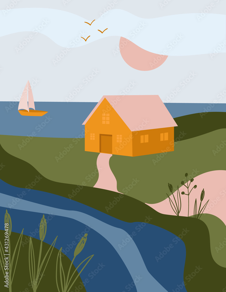 Landscape abstract boho with house. Aesthetic Minimal nature background with Sailboat at sea, sun, sky. Printable Silhouette for decor wall in room.