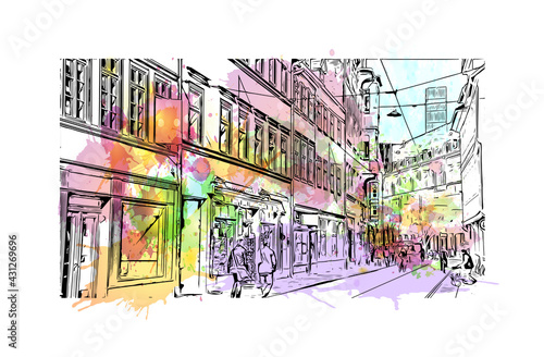 Building view with landmark of Erfurt is the 
city in Germany. Watercolor splash with hand drawn sketch illustration in vector.