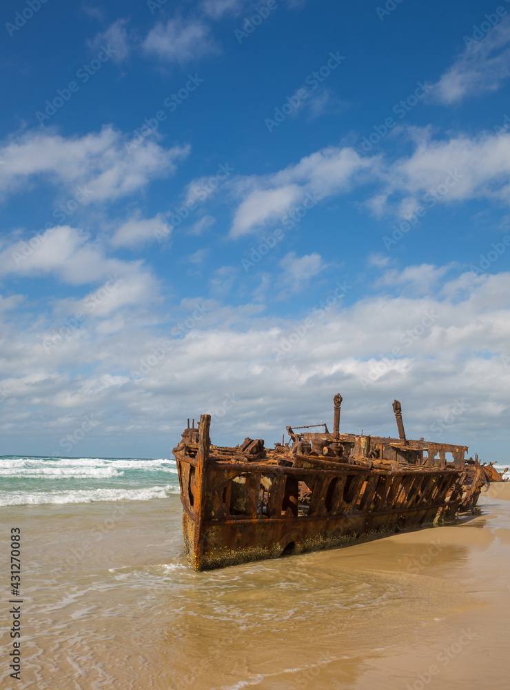 Rusting hull of the SS Maheno on the beach