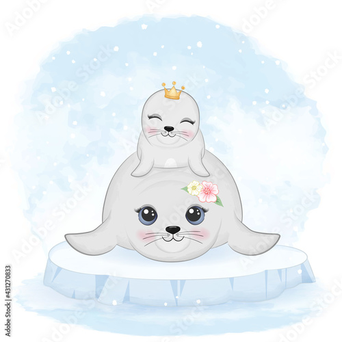 Cute baby seal and mom on ice floe animal watercolor illustration