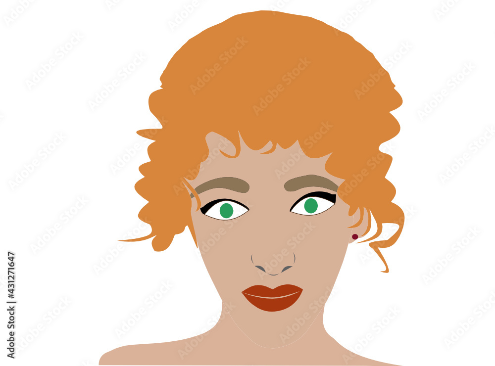 Retrato de mujer con cabello rizado anaranjado rojizo y ojos verdes Retrato de mujer con cabello rizado anaranjado rojizo y ojos verdes
