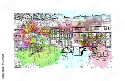 Building view with landmark of Erfurt
City in Germany. Watercolor splash with hand drawn sketch illustration in vector. 
