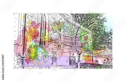 Building view with landmark of Erfurt
City in Germany. Watercolor splash with hand drawn sketch illustration in vector. 