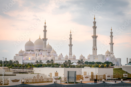 Capital of UAE, Abu Dhabi 2 May 2021 : Sheikh Zayed Grand Mosque before sunrise view, One of the beautiful and largest Masjid located at Middle East.