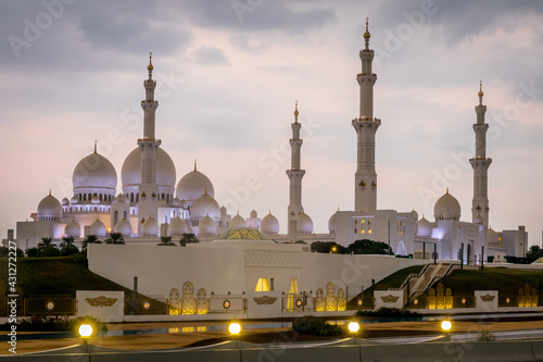 Capital of UAE, Abu Dhabi 2 May 2021 : Sheikh Zayed Grand Mosque before sunrise view, One of the beautiful and largest Masjid located at Middle East.