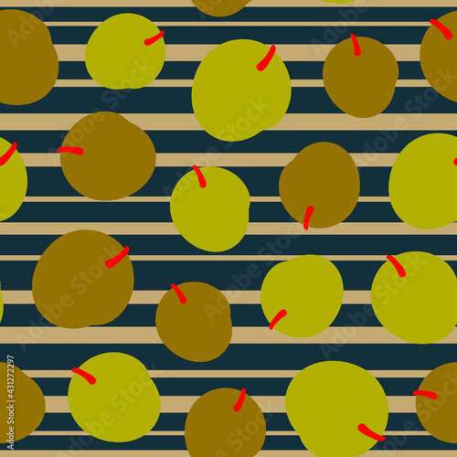 Bright seamless botanical pattern with apricots от striped background. Vector illustration.