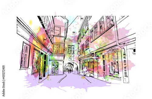 Building view with landmark of Erfurt
City in Germany. Watercolor splash with hand drawn sketch illustration in vector. 