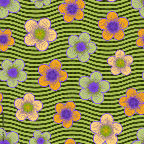 Seamless pattern with flowers on wavy background. Repeat abstract floral waved pattern. Vector illustration.