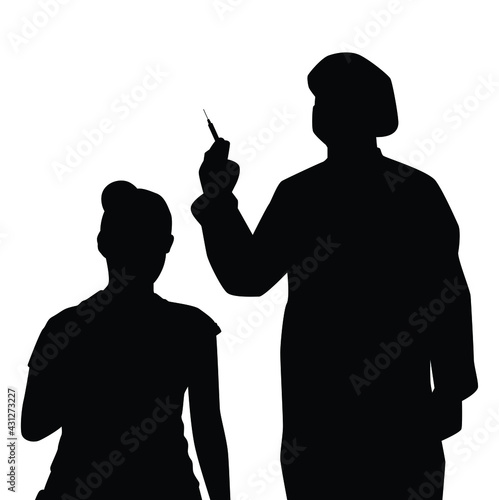 Doctor in PPE suit with vaccine injection needle silhouette on white background, people medical and healthy concept.