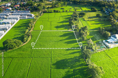 Land plot in aerial view. Gps registration survey of property, real estate for map with location, area. Concept for residential construction, development. Also home or house for sale, buy, investment.