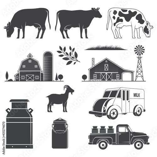 Set dairy and milk farm equipment icon. Vector illustration Set include cow, goat, farm, milk can, pickup silhouette scale isolated on the white background.