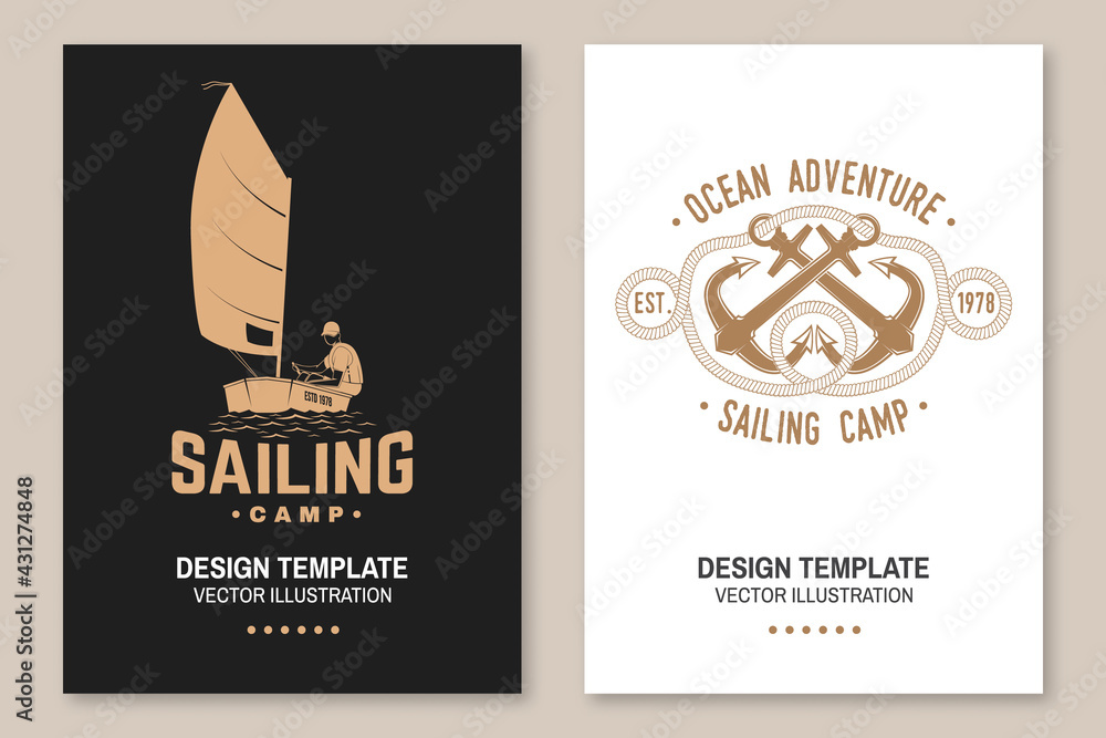 Set of summer sailing camp template. Vector illustration Flyer, brochure, banner, poster design with man in sailboats and sea anchors silhouette. Ocean adventure sporting activity Set of summer sailing camp template. Vector illustration Flyer, brochure, banner, poster design with man in sailboats and sea anchors silhouette. Ocean adventure sporting activity