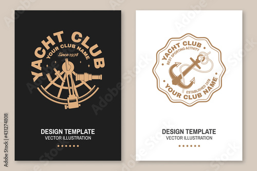 Set of summer sailing camp badge. Vector illustration Flyer, brochure, banner, poster design with sea anchors, hand wheel and sextant silhouette. Ocean adventure sporting activity