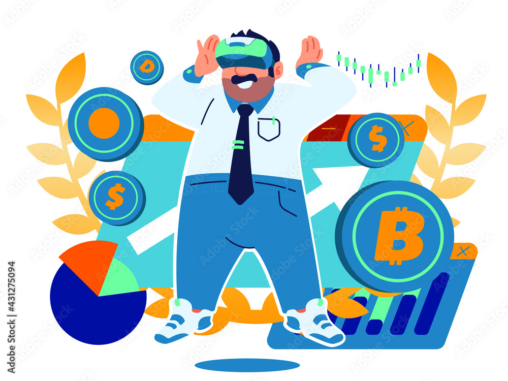 Happy Bearded Man in business suite Wearing VR headset. Crypto currency and Finance. Flat Concept Illustration Happy Bearded Man in business suite Wearing VR headset. Crypto currency and Finance. Flat Concept Illustration