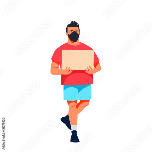 Protester man holding empty banner. Activist protesting, political meeting, strike human rights. Flat character vector illustration isolated on white background