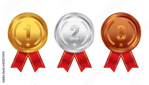 Illustration of gold, silver and bronze award medals with red ribbon