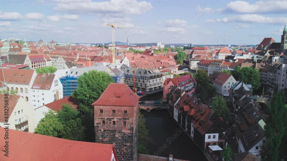 Nuremberg, Germany. Aerial view of city medieval skyline along the river from drone Nuremberg, Germany. Aerial view of city medieval skyline along the river from drone