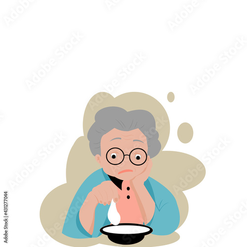 Cartoon old woman, grandmother wearing glasses has anorexia is Sitting with right hand on her chin Left hand holding a spoon In front there is a food cup.Vector isolate flat design concept for healthy