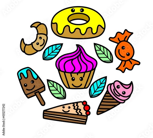 kawaii delicious food doodle vector 