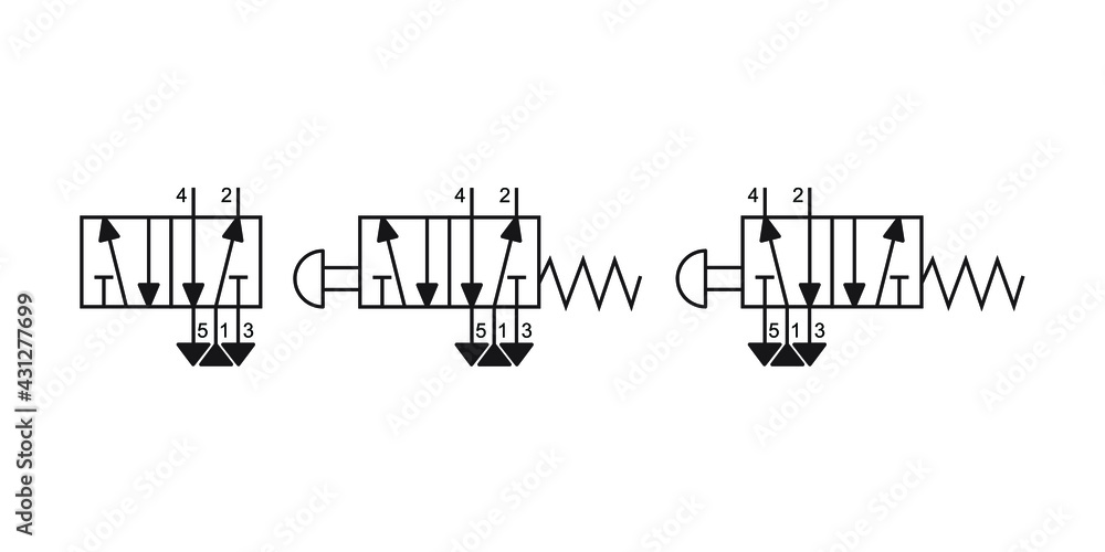 Vector illustration symbol directional pneumatic control valves sets 5