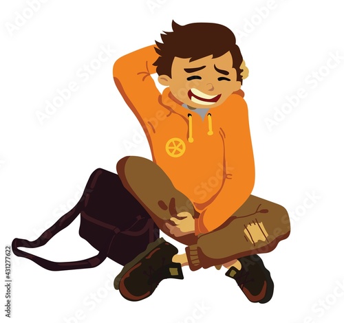 tBoy schoolboy teenager sits on the floor and is embarrassed. The child is dressed in sportswear, with a school bag next to him. Vector stock illustration in cartoon style.