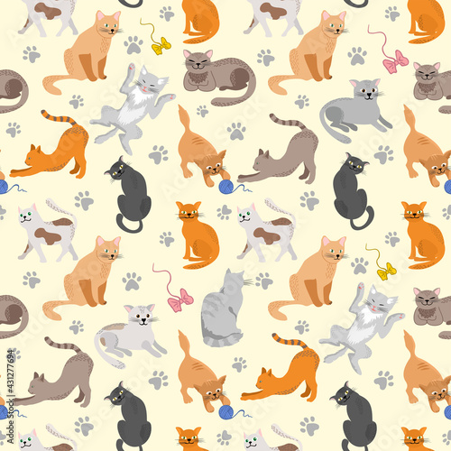 Fototapeta Naklejka Na Ścianę i Meble -  Kitty seamless pattern. Different cat breeds flat illustration. Color cute cats background, colorful kittens texture for animals baby fabric design, decor. Decorative background with various pet