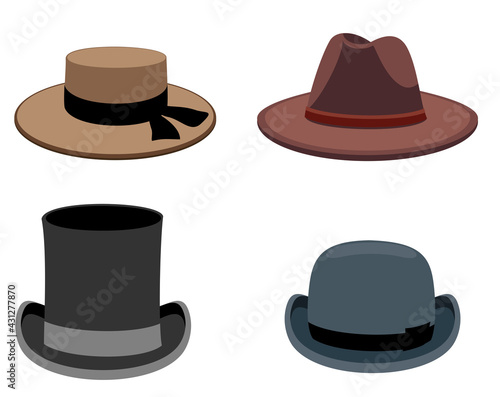 A set of men s hats. Vector collection of men s hats in flat style. olor illustration.
