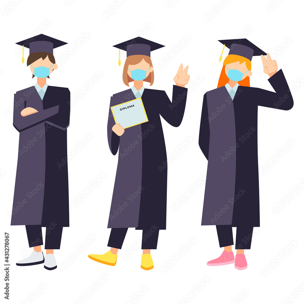 Class of 2021 vector illustration, pandemic graduation illustration, student wearing mask while graduate illustration Class of 2021 vector illustration, pandemic graduation illustration, student wearing mask while graduate illustration