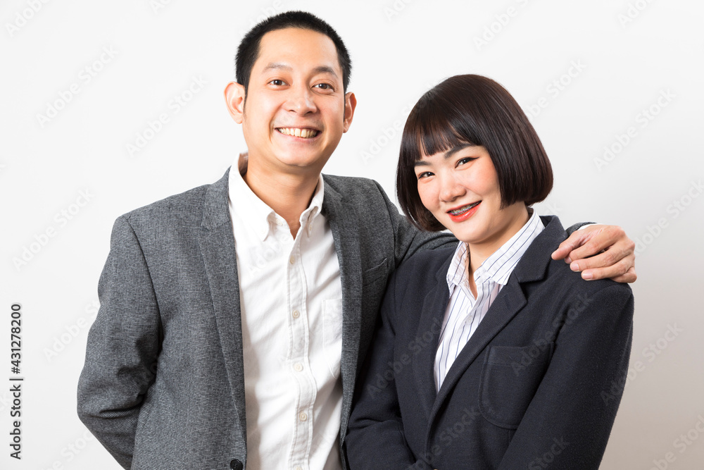 Asians executive businessman and adviser businesswoman standing on white background. Asians executive businessman and adviser businesswoman standing on white background.