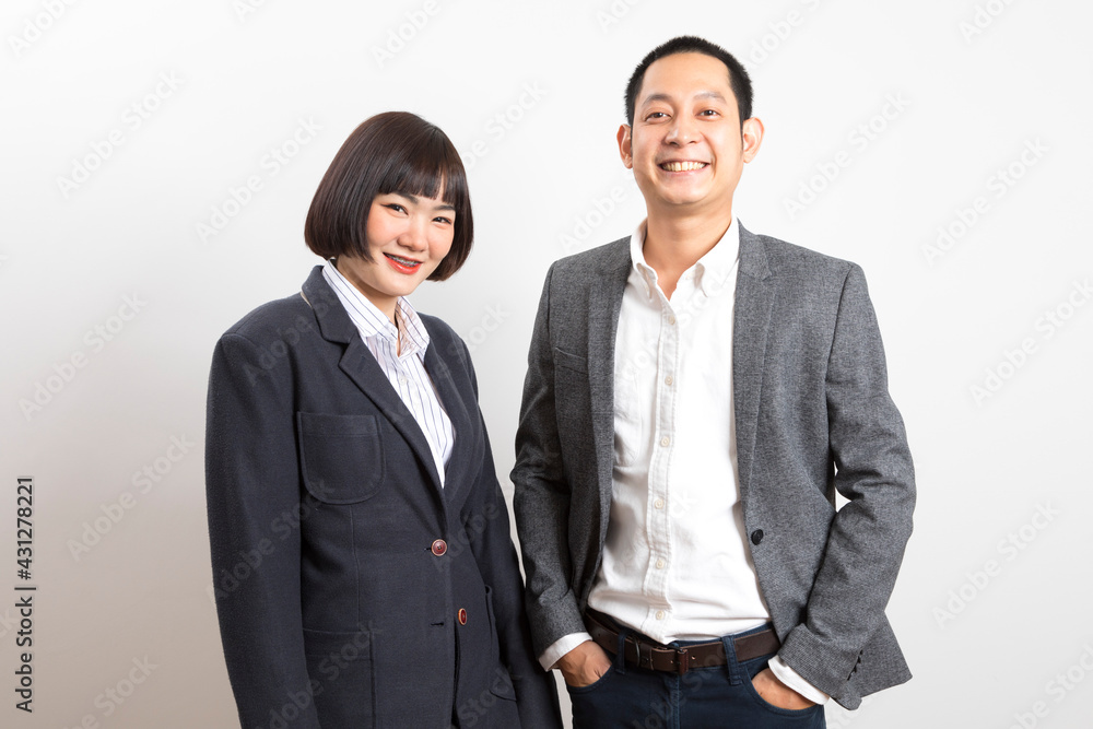 Asians executive businessman and adviser businesswoman standing on white background. Asians executive businessman and adviser businesswoman standing on white background.