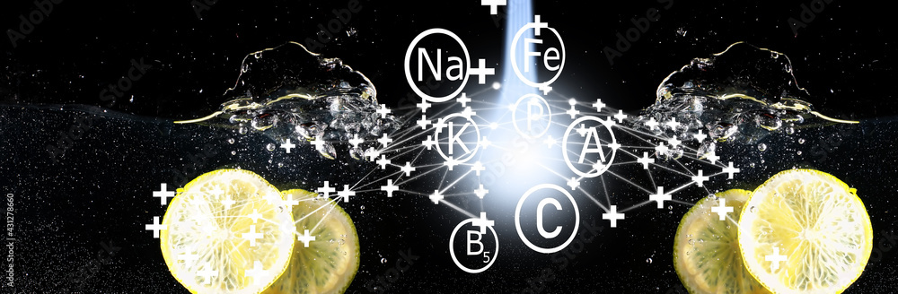 Fototapeta premium Water drops on ripe sweet lemon. Fresh lime background with copy space for your text. Vegan concept.