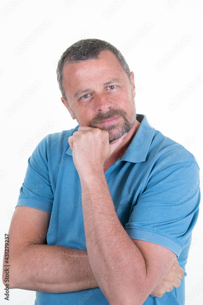 Portrait of handsome middle aged man hand on chin on white background Portrait of handsome middle aged man hand on chin on white background