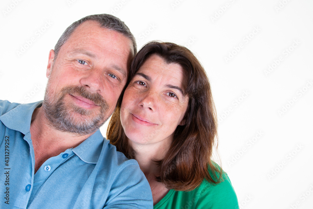 selfie portrait of charming couple of middle aged cheerful positive love isolated on white background selfie portrait of charming couple of middle aged cheerful positive love isolated on white background