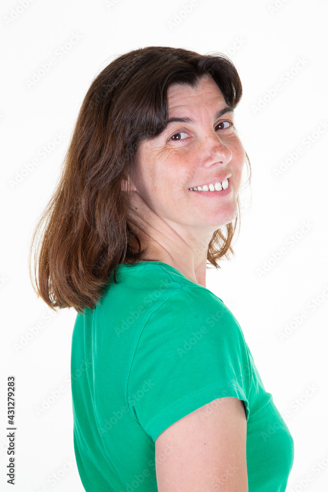 Woman posing middle aged in side portrait view on white background Woman posing middle aged in side portrait view on white background
