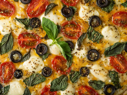 Delicious Italian Pizza Tomatoes Basil Cheese Mozzarella Tomatoes Close-up Texture