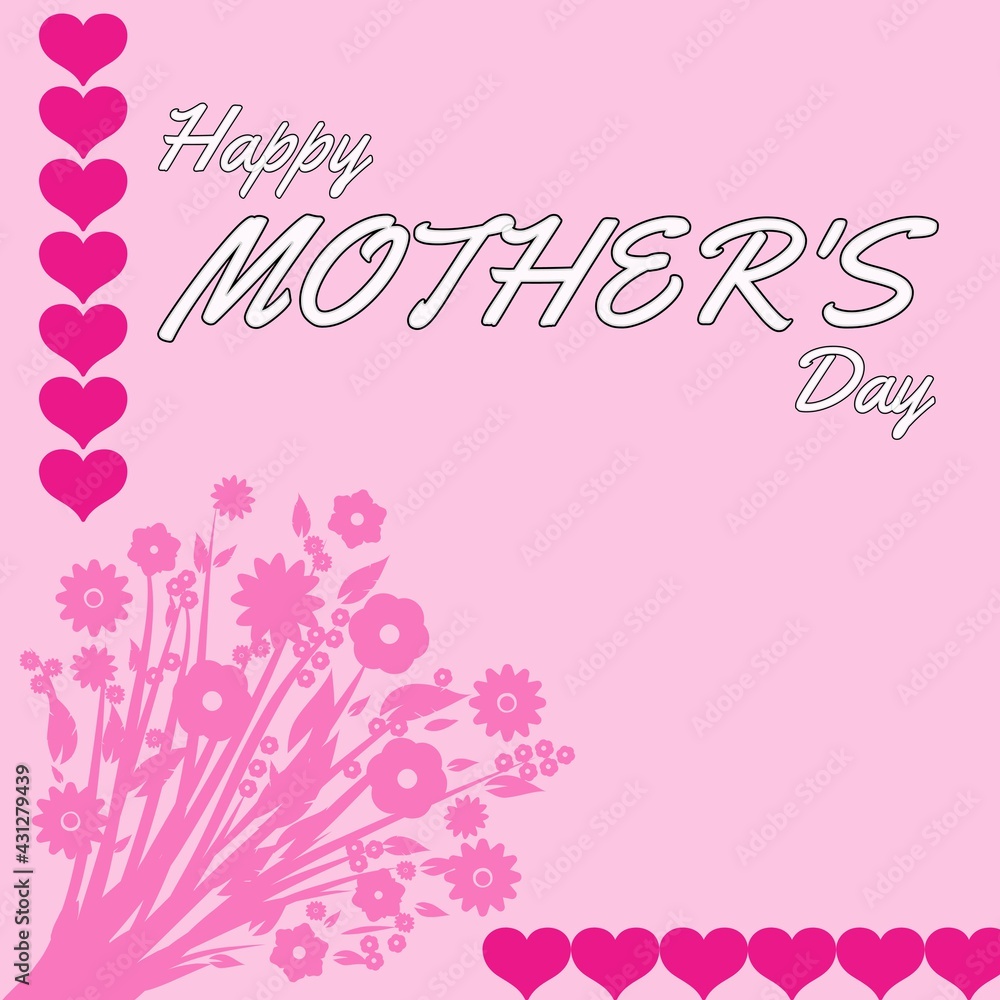 Happy Mothers Day illustration on pink background with love and flowers icons.