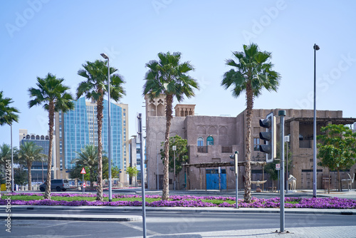 palm trees grow against the blue sky