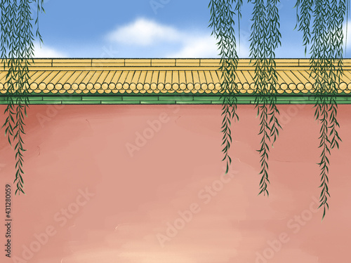Chinese roof and willow leaves, digital art.