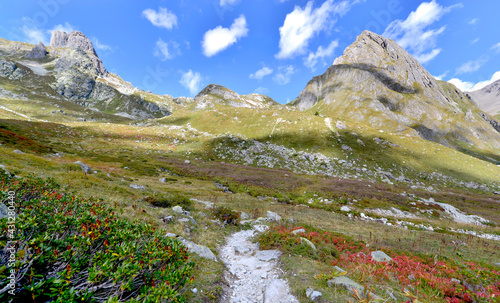 beautiful view on alpine mountain with a small climbing path in meadow