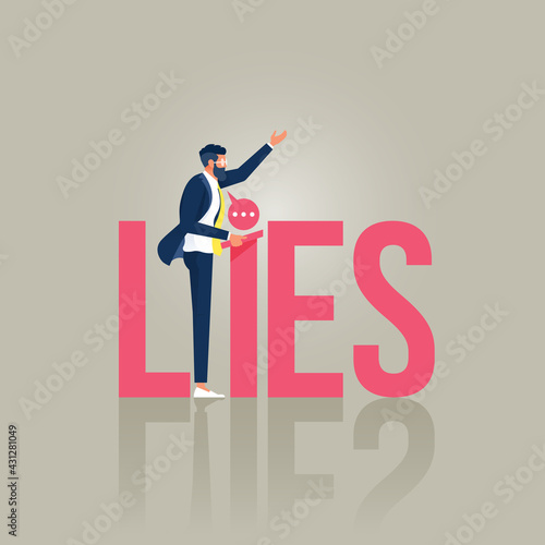 Lying people in business or politics concept, Businessman or politician on a podium giving speech with the word lies