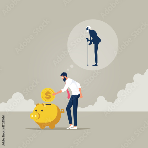 Savings money plan for retirement concept, Businessman put money in piggy bank with thought bubble of an old man depicting savings for retirement 