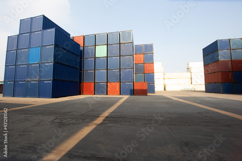 Transportation Logistics of international container cargo shipping and cargo plane in container yard, Freight transportation, International global shipping. Stacks of Freight containers.