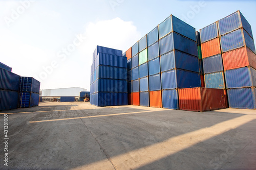 Transportation Logistics of international container cargo shipping and cargo plane in container yard, Freight transportation, International global shipping. Stacks of Freight containers.