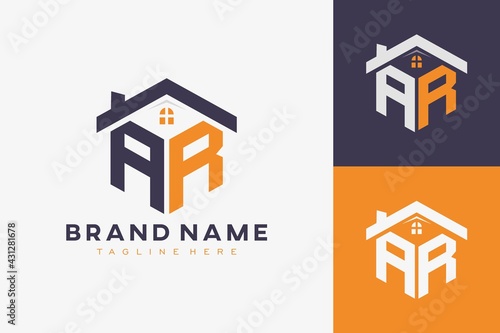 hexagon AR house monogram logo for real estate, property, construction business identity. box shaped home initiral with fav icons vector graphic template