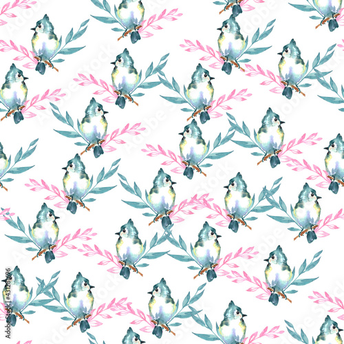 Watercolor spring seamless pattern with cute little rabbits  birds  branches and leaves. Texture for fabric  wrapping paper  postcards.