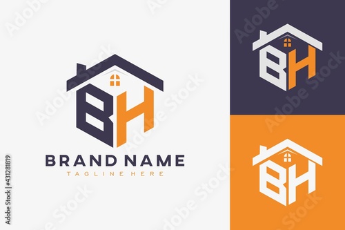 hexagon BH house monogram logo for real estate, property, construction business identity. box shaped home initiral with fav icons vector graphic template