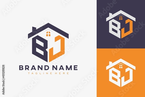 hexagon BJ house monogram logo for real estate, property, construction business identity. box shaped home initiral with fav icons vector graphic template